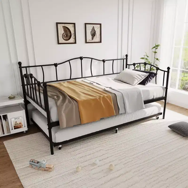 Metal Twin Daybed with Trundle Bed, Twin Size Day Bed with Pullout Trundle and Headboard, Metal Sofa Bed Frame with Steel Slat Support