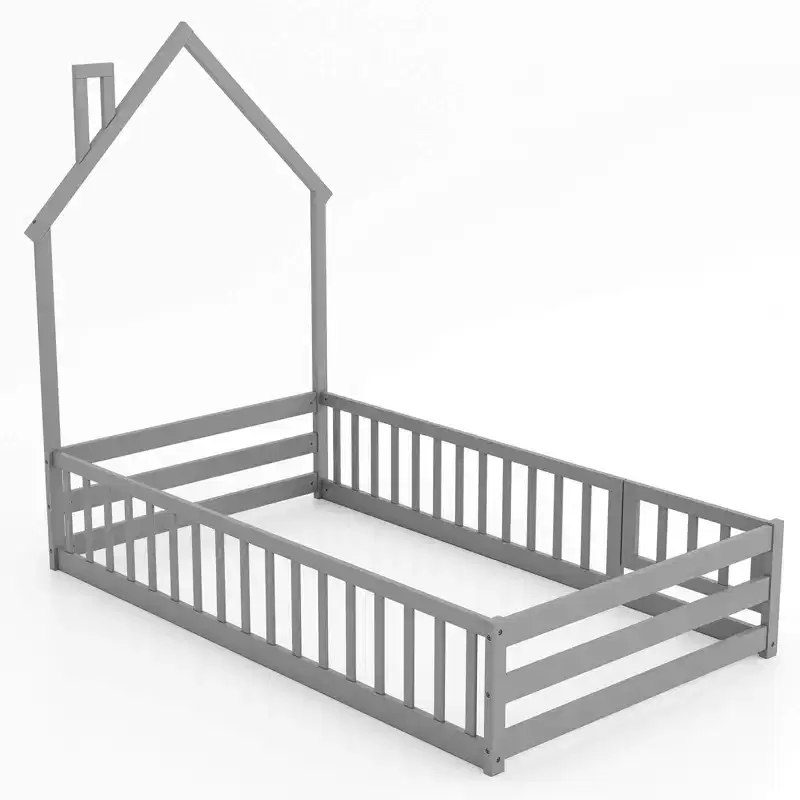Twin Size Montessori Floor Bed for Toddler with Lockable Door & Full-Length Guardrail, Gray/White