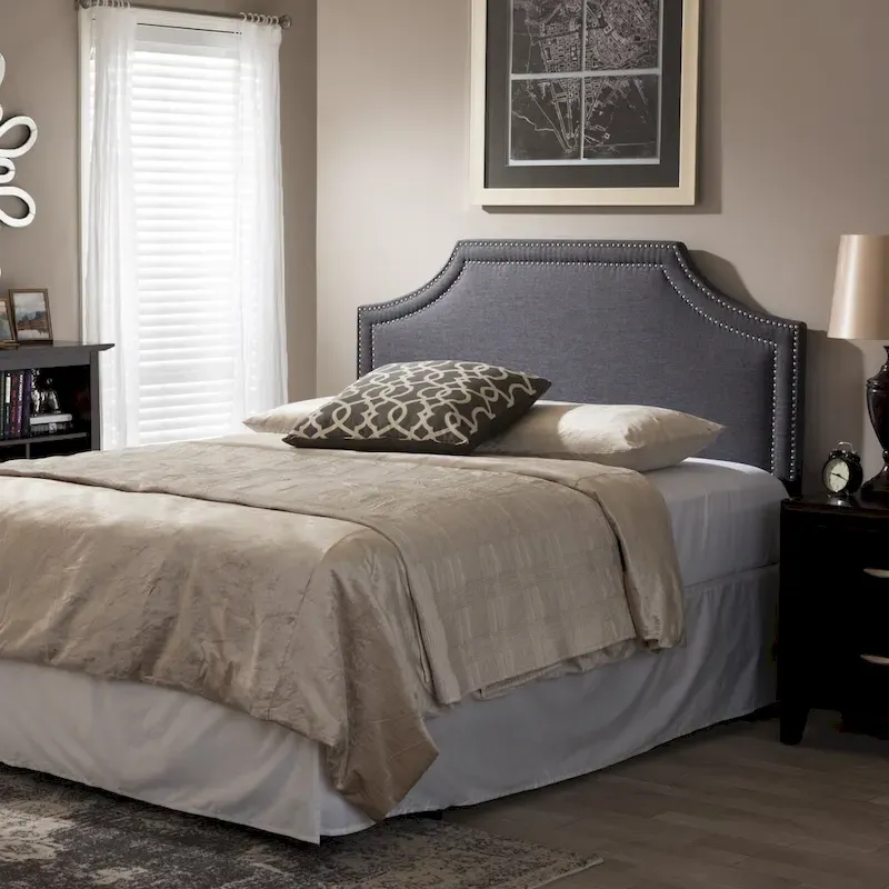 Gray Geometric Upholstered Headboard with Silver Nailhead Trim, Full/Queen/King