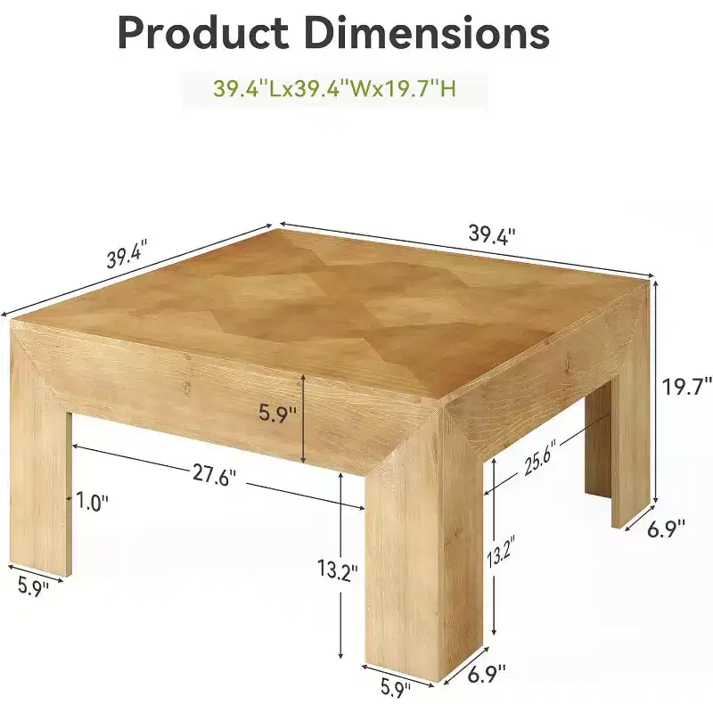 39.4 Solid Wood Coffee Table with Intricate Inlaid Top & Sturdy Legs, Rustic Center Tables for Living Room, Easy Assembly, Brown