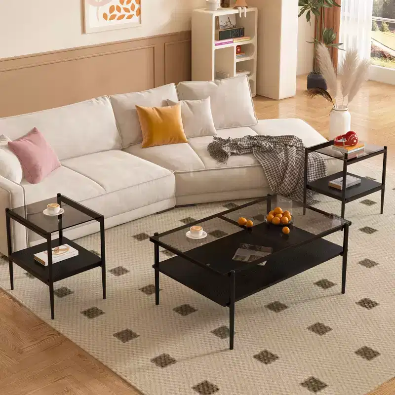 MAYEERTY Coffee Table and End tables Set of 3, Tempered Glass Table with MDF layer, Modern Tables for Living Room, Gray Glass