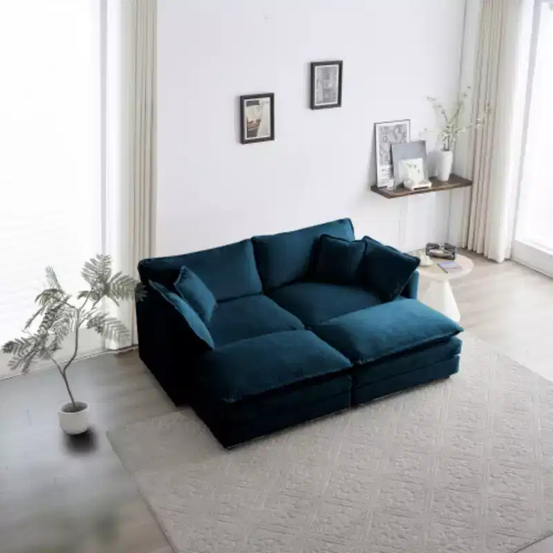 4-Piece Set: Upholstered 2-Seater Sofa and 2 Ottoman Pieces, Loveseat Lounge