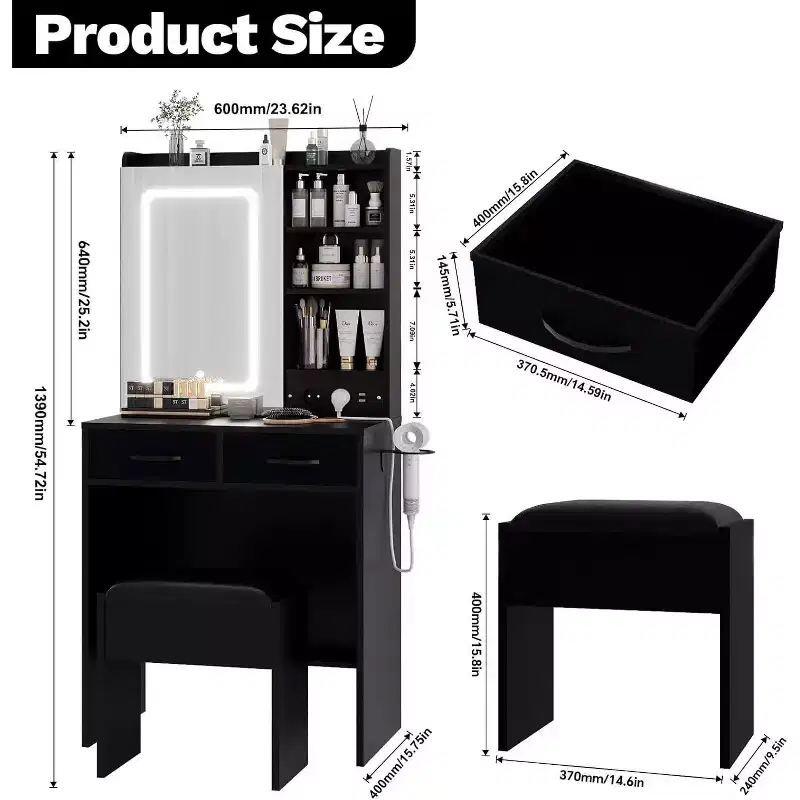 Dressing Table with Stool, Makeup Vanity Desk Set with Mirror, Lights, Charging Station, 2 Drawers, Power Outlets, USB Ports and RGB Cabinets