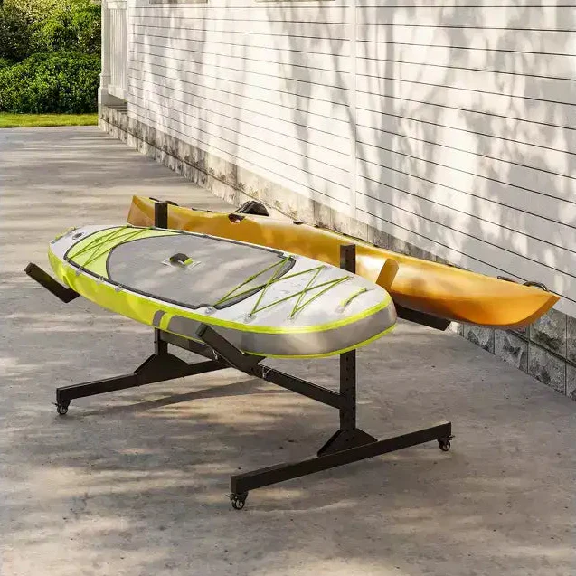 2-Kayak Freestanding Steel Storage Rack with Wheels, Adjustable Width and Hanging Straps