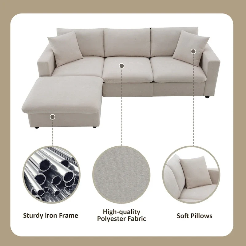 100.4 L-Shaped Polyester Sectional Sofa with 4-Seat Convertible Couch and Ottoman & Pocket Spring Cushions (300lb Capacity)