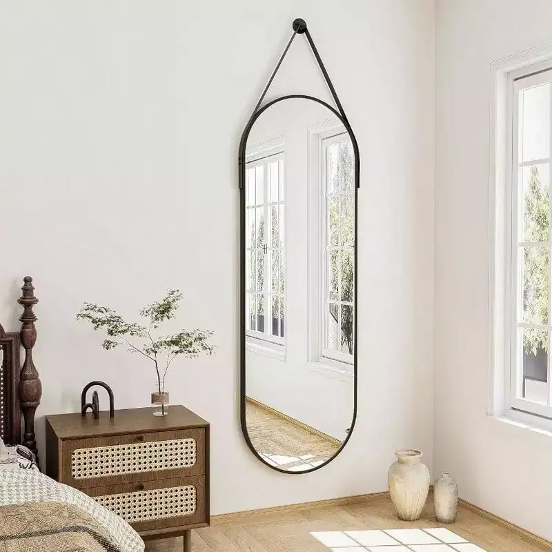 Oval Full Length Mirror (48x16) - Black Aluminum Frame & Leather Strap. For Bathroom, Living Room, Entryway Decor