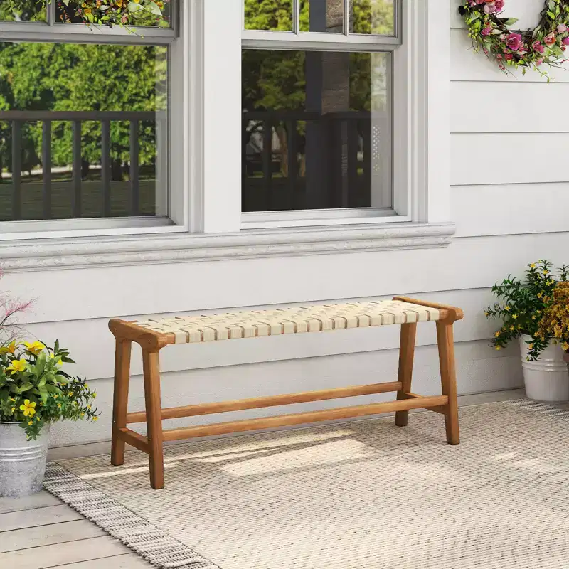 Costway 47 Long Teak Wood Patio Bench w/Weave Seat Solid Wood Legs Backless for Porch