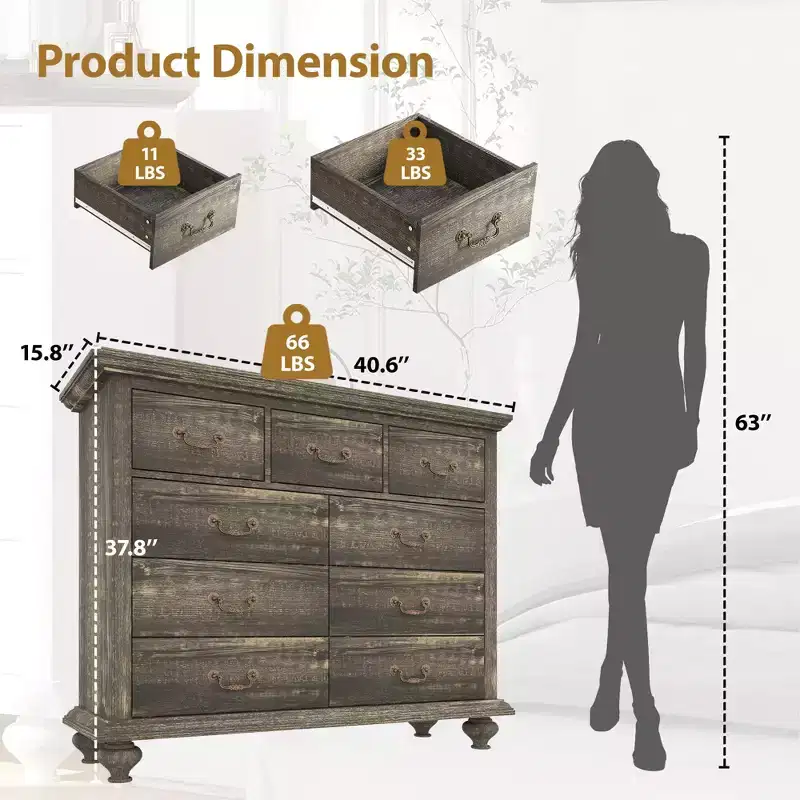 9 Drawers Dresser, Wood Rustic Chest of Drawers with Metal Handles, Storage Organizer for Bedroom, Living Room