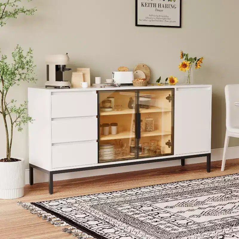 63 Coffee Bar Cabinet Buffet Cabinet with Storage 3 Drawers Farmhouse White Kitchen Island with 2 Glass Door Sideboard Table for Dining Room Kitchen
