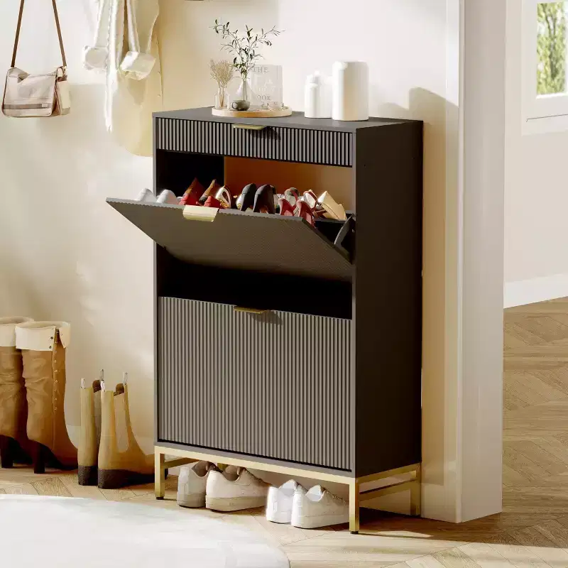 Coolmee Fluted Shoe Cabinet with 2 Flip Drawers, Wood Shoe Organizer, Narrow Entryway Furniture for Small Spaces, Hallway Entrance Apartments