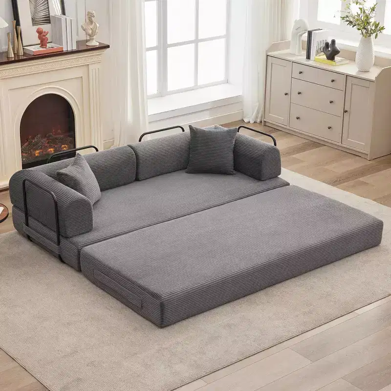 78.7 Convertible Sleeper Sofa Bed, 4-in-1 Corduroy Folding Sleeper Sofa Couch with Fixed-Shape Frame & Pillow, Loveseat Sleeper for Living Room