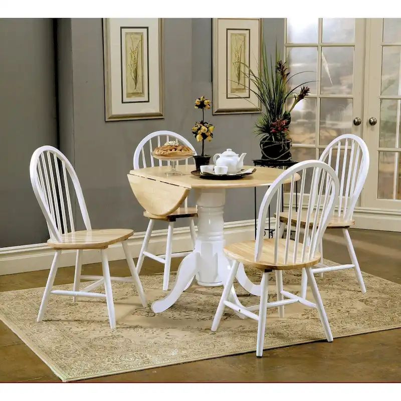 Round Pedestal Drop Leaf Dining Table, Natural Brown and White