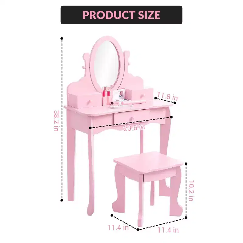 Kids' Vanity Set with Mirror, Makeup Table and Stool Vanity Desk and Chair with Wood Makeup Playset for 4-9 Girls