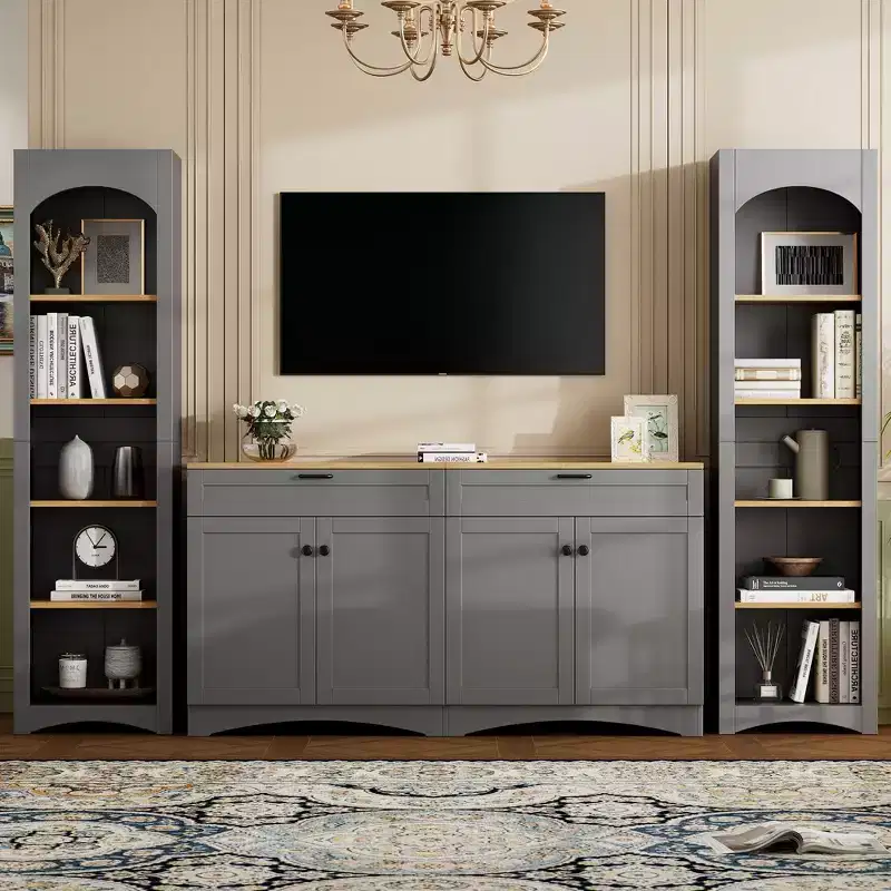 3-Piece Wooden TV Stand Set with Bookshelf for 70 inch TV, TV Storage Cabinet with Adjustable Shelves, Mid-Century Media Console Table, Gray