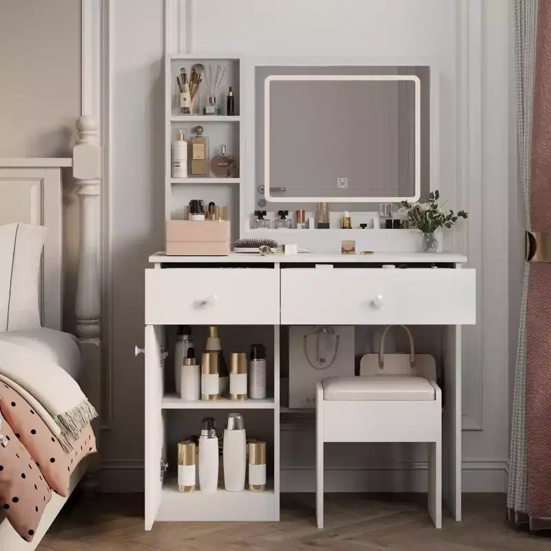 35.4W Elgant Vanity Table with 2 Big Drawers and Chair, Vanity Mirror with 3-Colors LED Light for Makeup, White