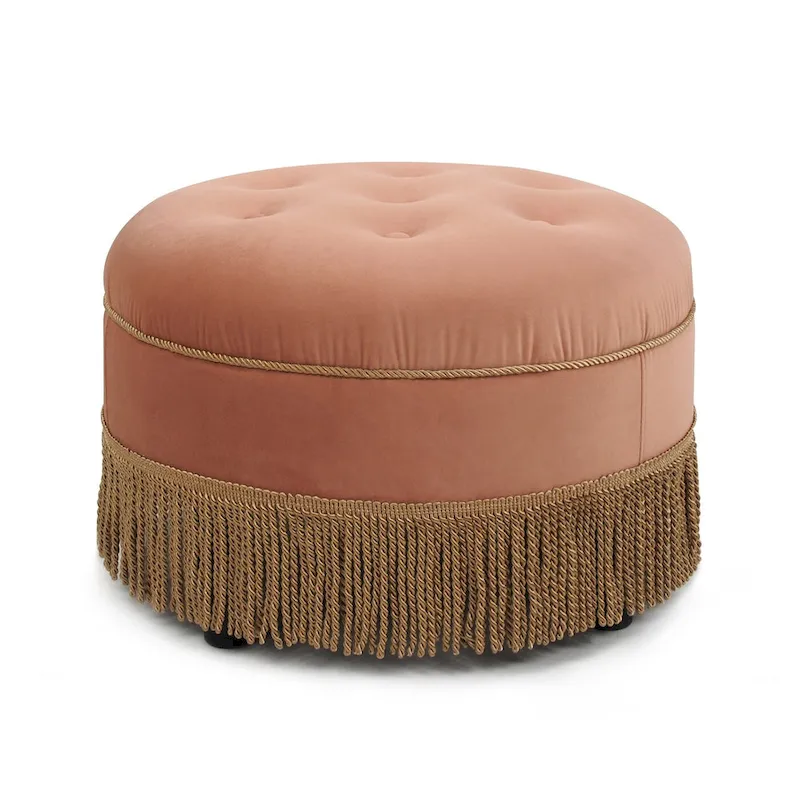 Velvet Round Accent Ottoman with Tassel Fringe, Vintage Tufted, Single Seat