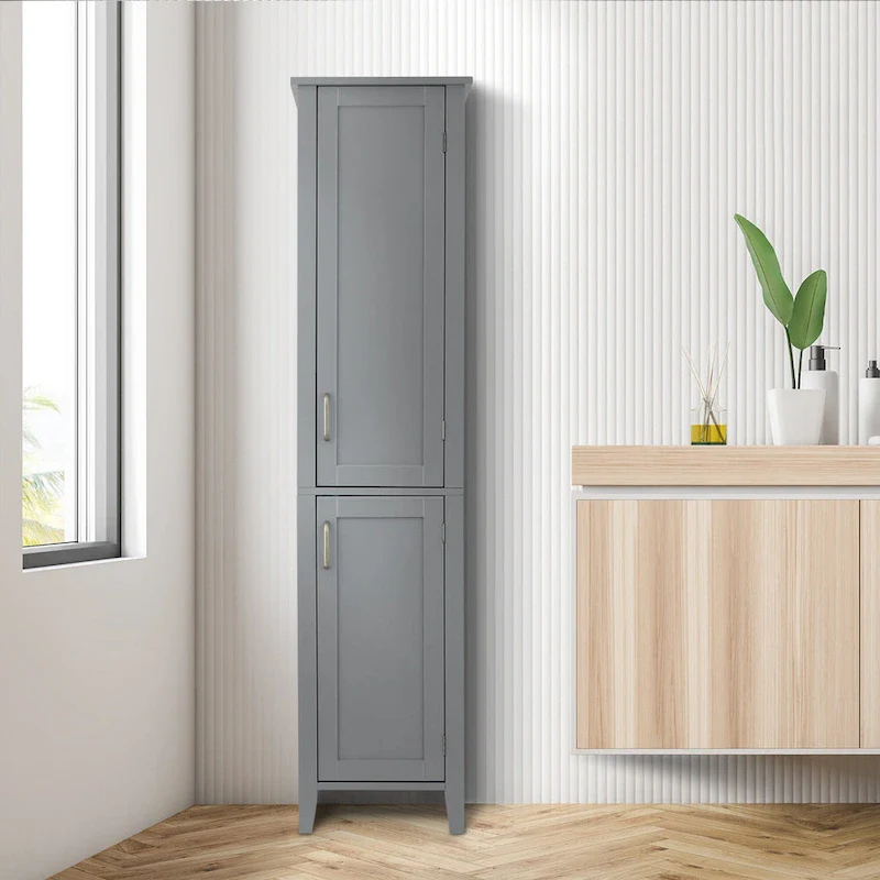 Dark Grey Colored Wooden Linen Tower Cabinet with Double Doors