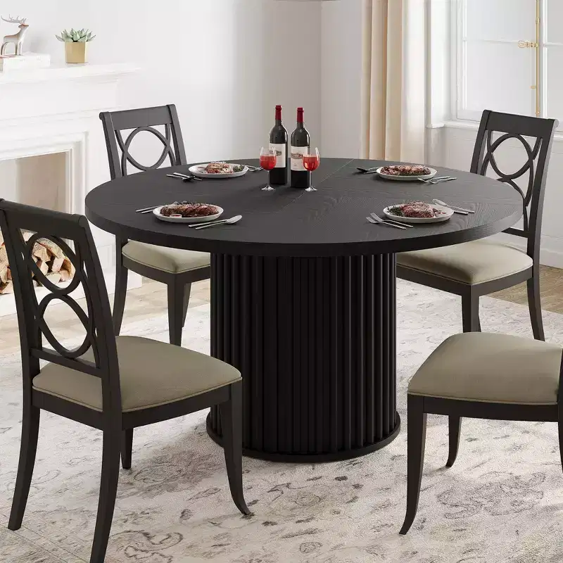 47 Round Dining Table for 4-6 People, Dining Room Table with Sturdy Waveform Metal Pedestal Base, Industrial Kitchen Table for Dining Room, Kitchen