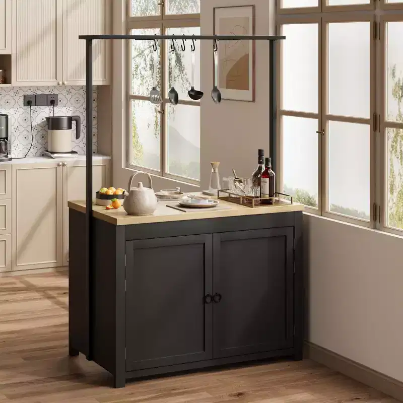 41 Kitchen Island with Storage, 1.2 Countertop Heavy-Duty Multi-Functional Kitchen Cart with 2-Tier Shelves, 5 Hooks, Metal Coffee Bar Table