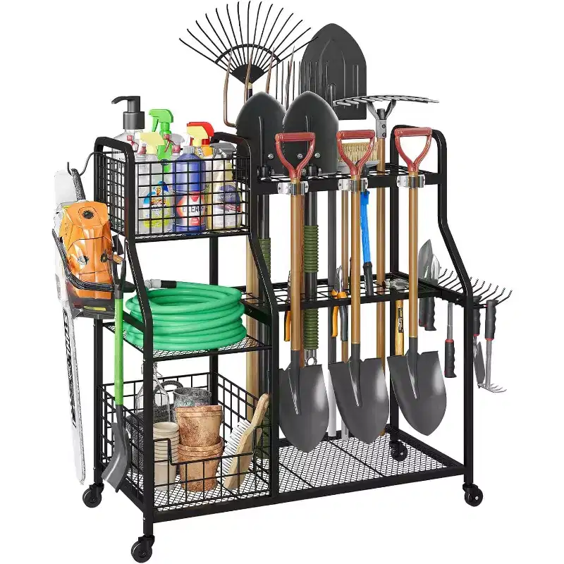 Tool Organizer With Wheels,3 Tier Yard Storage Rack with 6 Shelves & Basket,Freestanding Garage Tool Organizer for Yard Shed and Lawn