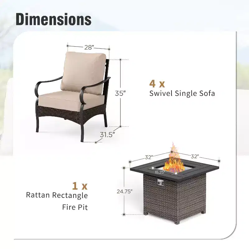 Captiva Designs 6pc Extra Large Metal and Rattan Outdoor Patio Fire Pit Set with Armchairs and Ottomans