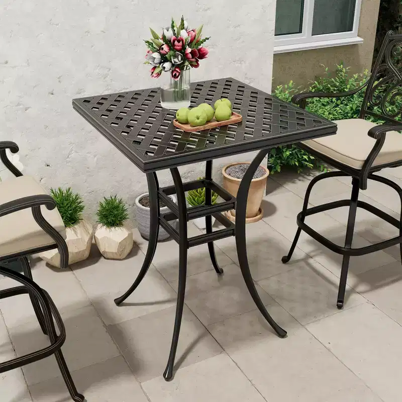 Mondawe 29 Inch Square Cast Aluminum Outdoor Patio Bistro Bar Table with Umbrella Hole, Black