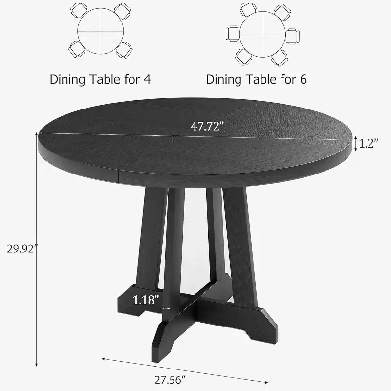47 Round Dining Table for 4, Wood Pedestal Kitchen Table with Sturdy Base & 4-Section Top, Farmhouse Dinner Table for Dining Room