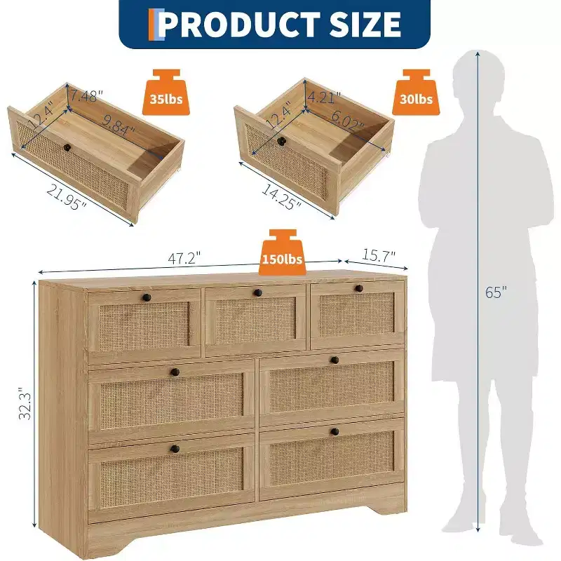 Rattan Farmhouse Modern 7 Drawer Dresser, Wooden Storage Organizer for Closet, Living Room, Entryway, Hallway, Oak
