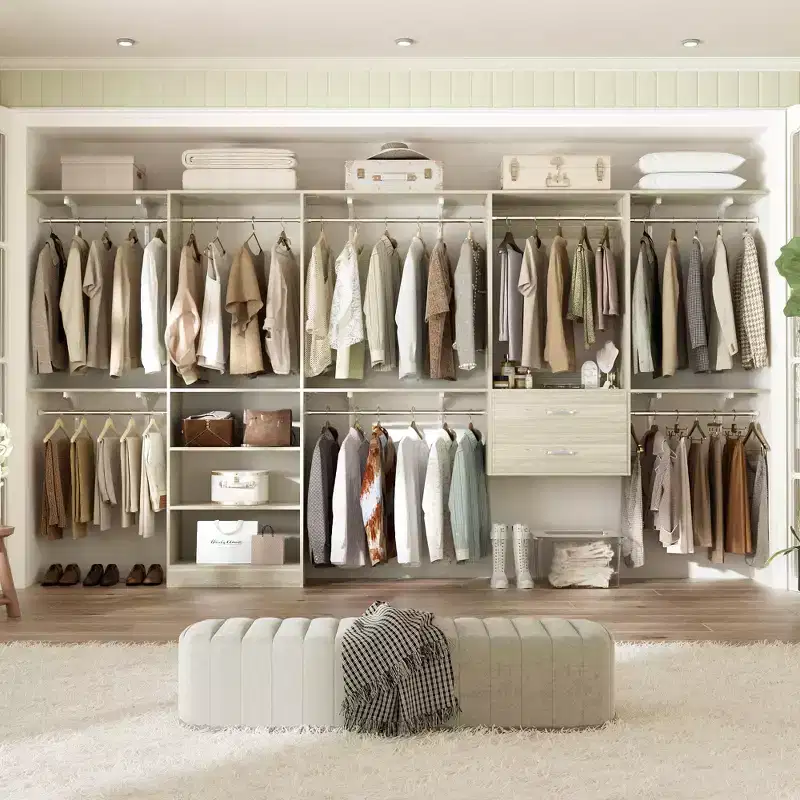 Besiost Freestanding Closet System with 8 Hannging Rods and Drawers, Hanging Closet Organizer with 10 Shelves
