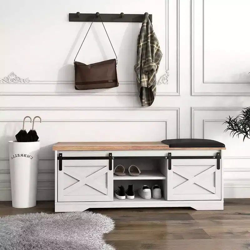 2-Tier Entryway Shoe Bench with Cushion, Sliding Door & Adjustable Shelf, Large Storage Organizer for Narrow Spaces, White