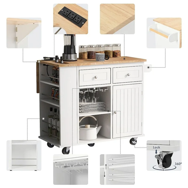 Kitchen Island Cart with Wheels ,Power Outlet, Drop Leaf, Wine Rack
