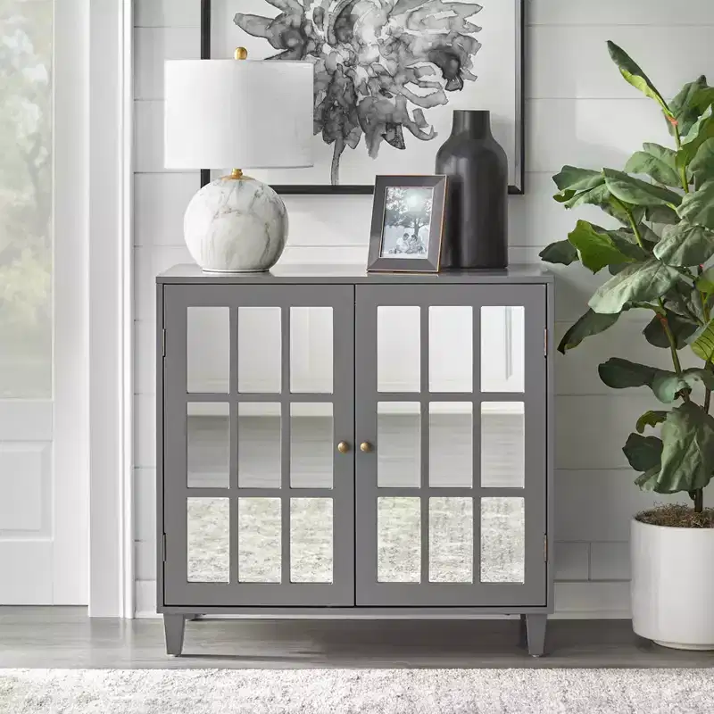 Modern Mirrored Door Cabinet Charcoal Gray - Modern Farmhouse Style, Brass Pulls, Adjustable Shelf