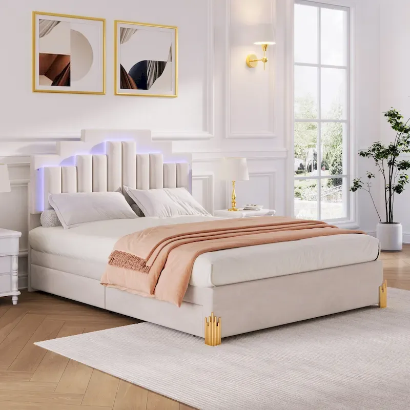 Queen Size Beige Upholstered Platform Bed with Lights and Drawers