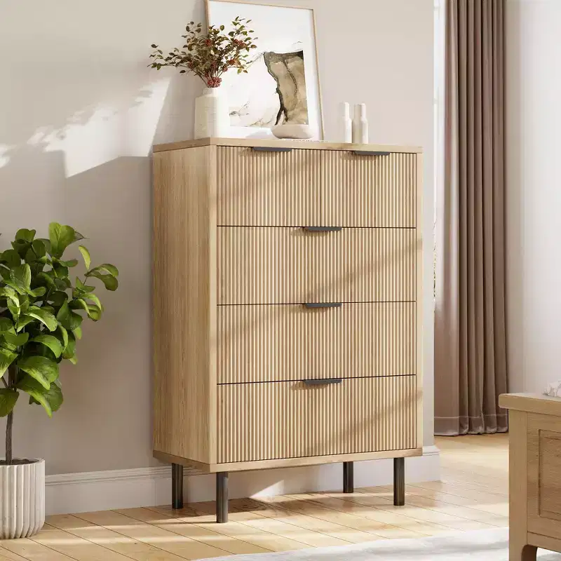 Natural Wave 5 Drawer Dresser for Bedroom, Modern Wood Dresser Chest of Drawers with Anti-Tipping Device and Metal Legs for Hallway Entryway