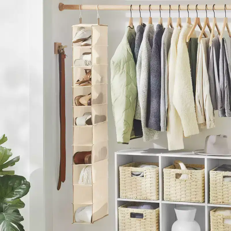 10-Shelf Hanging Shoe Storage Organizer, Tan Fabric, 52