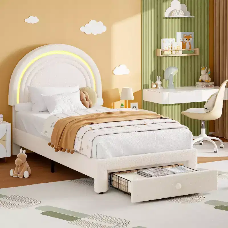 Twin Upholstered Bed Frame with Storage Drawer and Rainbow Headboard for Kids, Solid Wood Slat Support, No Box Spring Needed, Easy Assembly