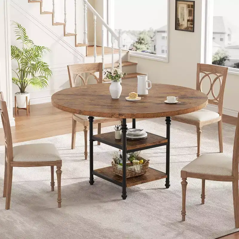 47 Round Dining Table for 4-6, Modern Wooden Kitchen Table with Storage Shelves & Roman Metal Legs, Table Only, for Dining Room