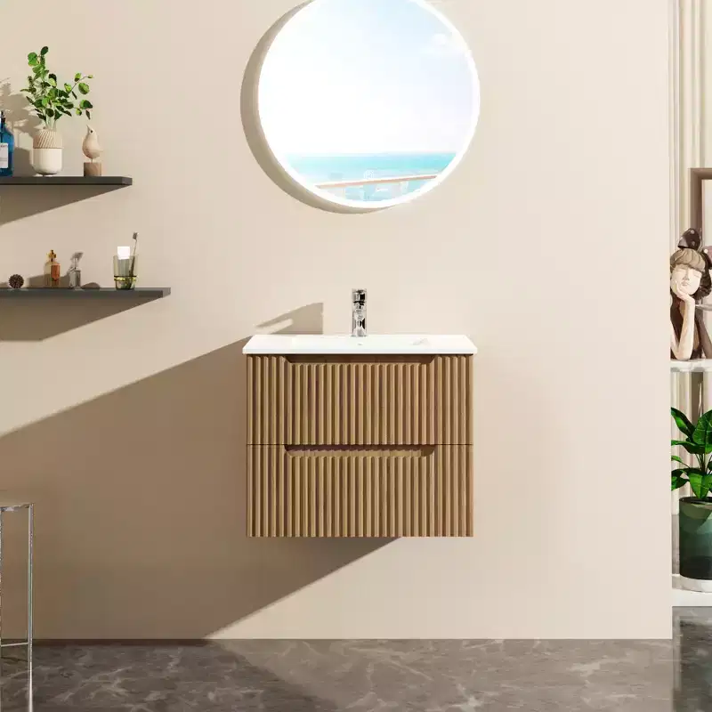 24 Inch Wall-Mount Bathroom Vanity Cabinet with White Basin Sink Combo Floating, Walnut