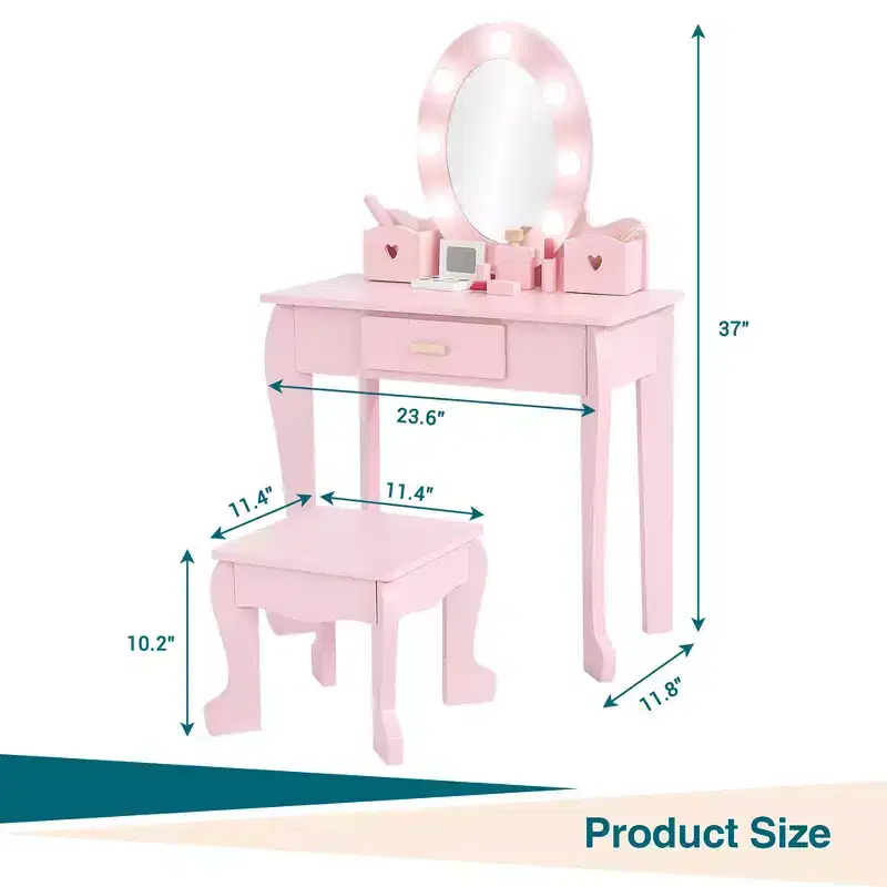 CuisinSmart Princess Vanity Set for Girls with Light-Up Mirror, Makeup Table & Stool  Wooden Dress-Up Playset for Ages 3-9