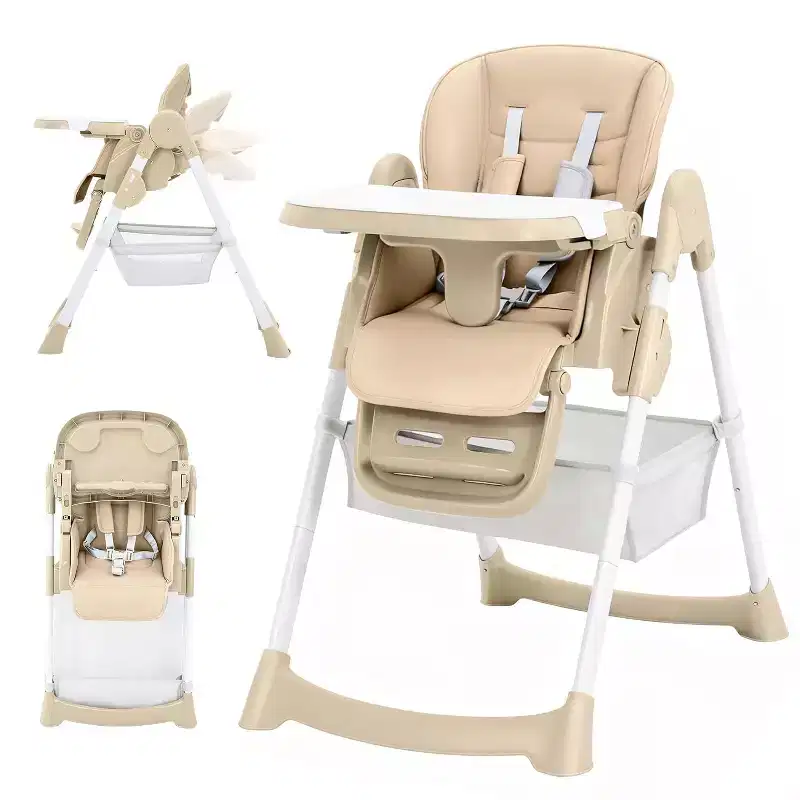Foldable High Chair for Babies & Toddlers, Adjustable Backrest/Footrest/Height with Removable Tray, 5-Point Harness & Wheels