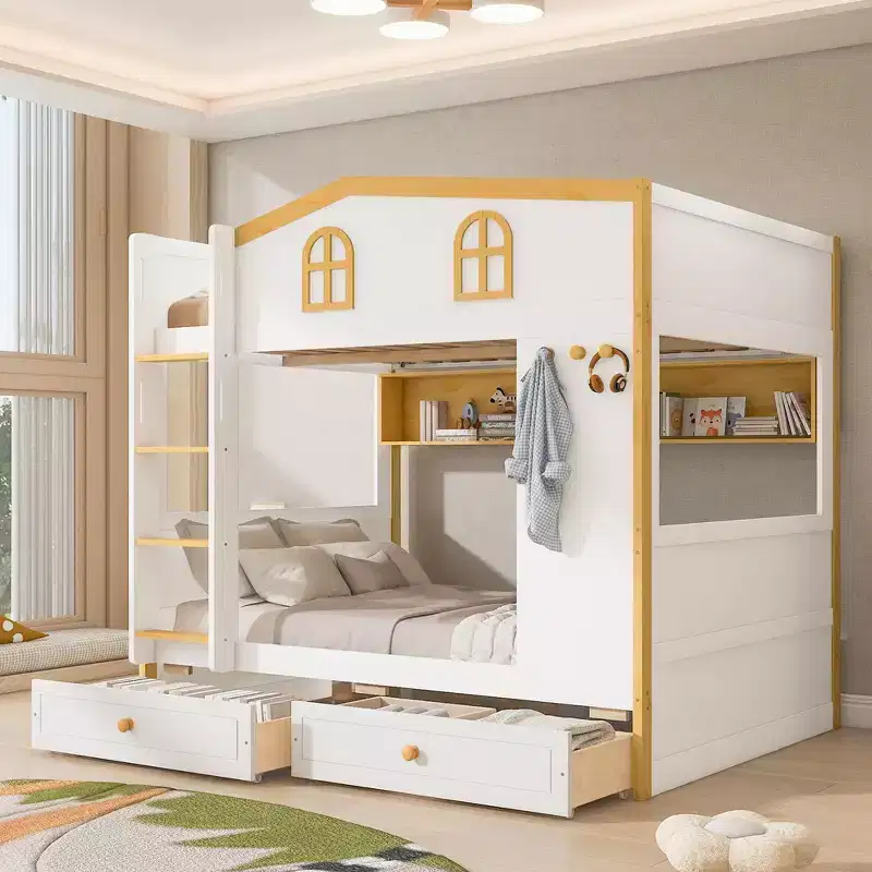 Bunk Bed with House-shaped Guardrails and Storage Shelves and Drawers or Trundle