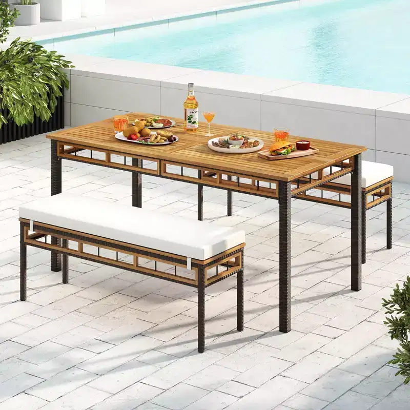 Costway 3 PCS Acacia Wood Patio Dining Set with 1.97 Umbrella Hole & Cushions for Garden Mix Brown