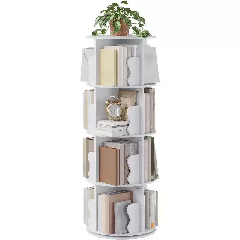 4 Tier Rotating Bookshelf, Wood Spinning Bookshelf Tower, 360 Revolving Corner Bookshelves for Small Spaces, Floor Standing Bookcase for Home Office