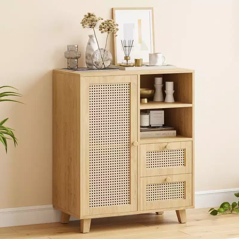 JVNOXK 15-inch rattan sideboard with adjustable shelves and smooth-gliding drawers, suitable for living rooms and kitchens, natural color