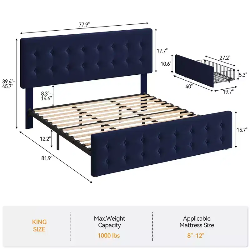 Queen-size bed frame with 4 storage drawers, velvet upholstered headboard, slatted wooden support, button tufting, no spring mattress required.