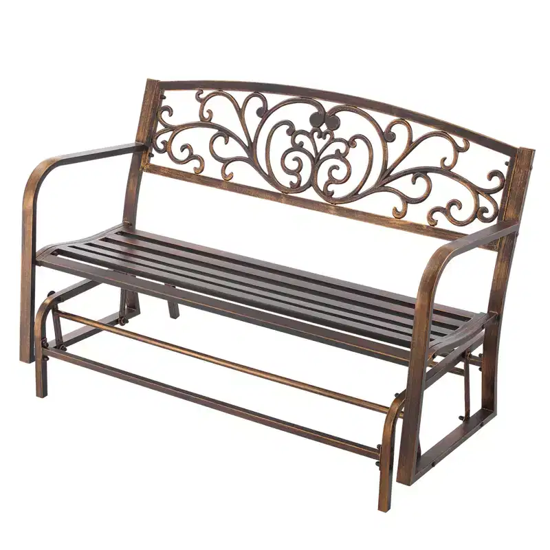 VEVOR Outdoor Bench, 50 inch, Carbon Steel Metal Frame with Cast Iron Backrest and Round Edge Armrests, Weatherproof Outside Glider Bench, Brown