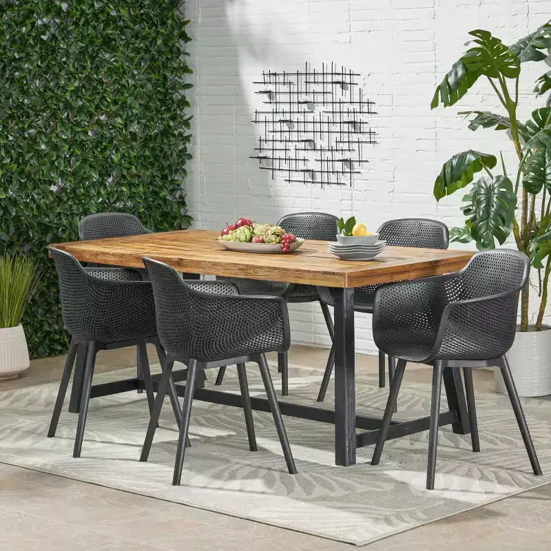Christopher Knight Home Catalopa Outdoor Acacia Wood and Resin 7 Piece Dining Set, Black/Teak