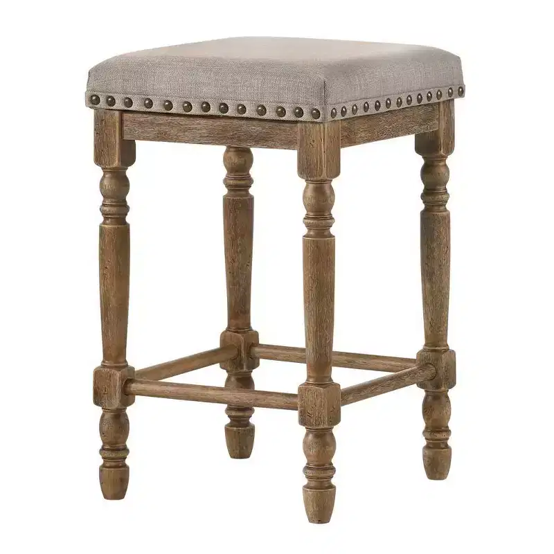 16 Farsiris Counter Height Barstool Beige Fabric/Weathered Oak Finish - Acme Furniture: Linen Upholstery, Nailhead Trim, Wood Frame