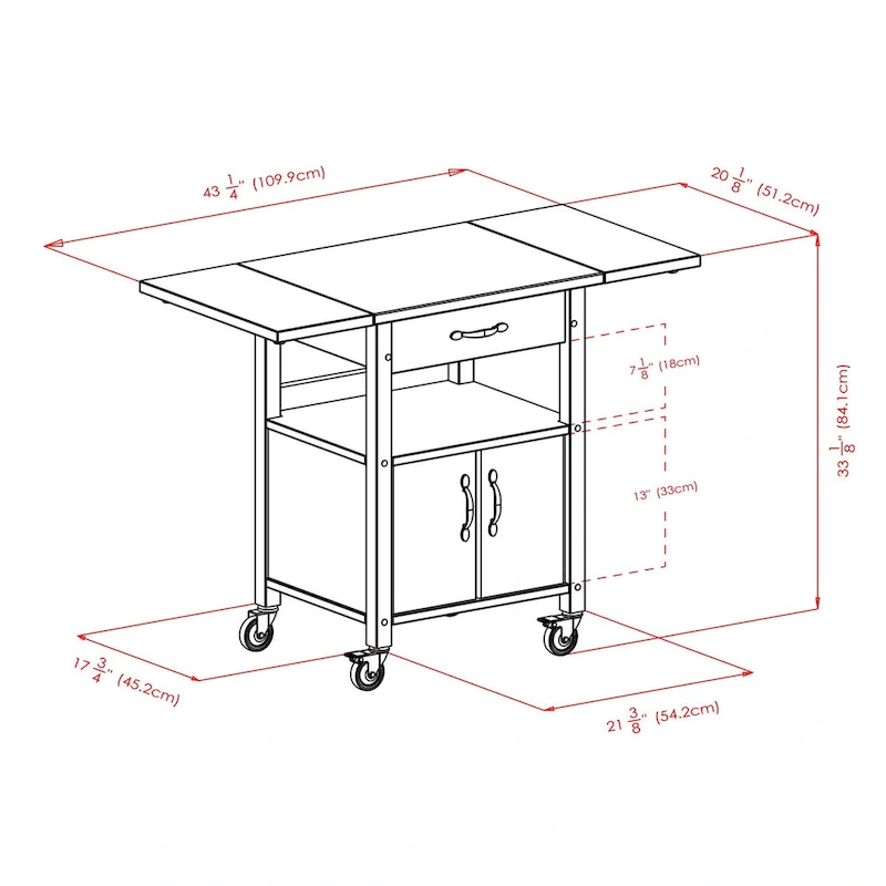 Rachael Kitchen Cart, Drop Leaf, Natural - 43.27 x 20.16 x 33.27 inches