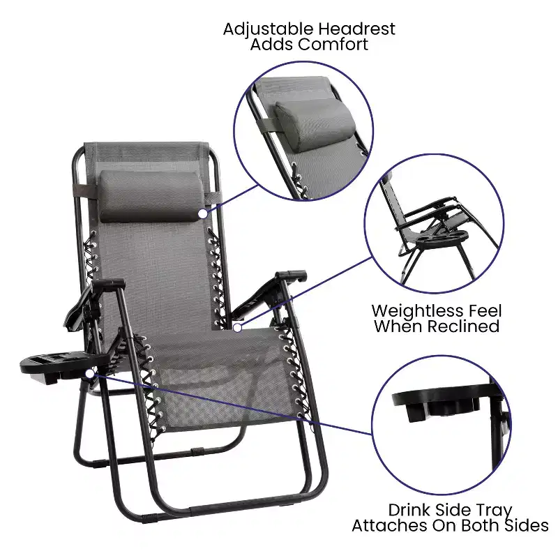 Merrick Lane Set of 2 Folding Mesh Upholstered Zero Gravity Chair with Removable Pillow and Cupholder Tray